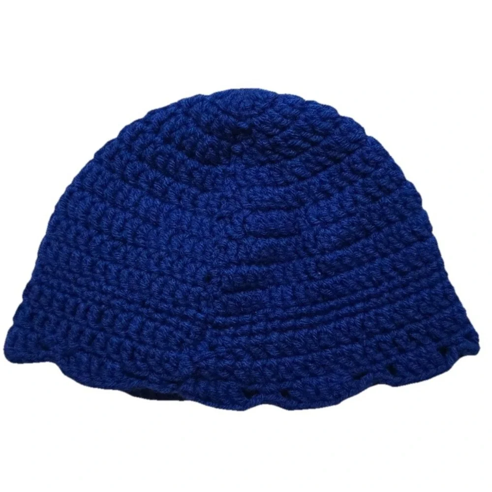 Beanie Crochet Handmade Flower Hat Women's Blue Knit‎ Scalloped Hem One Size NEW